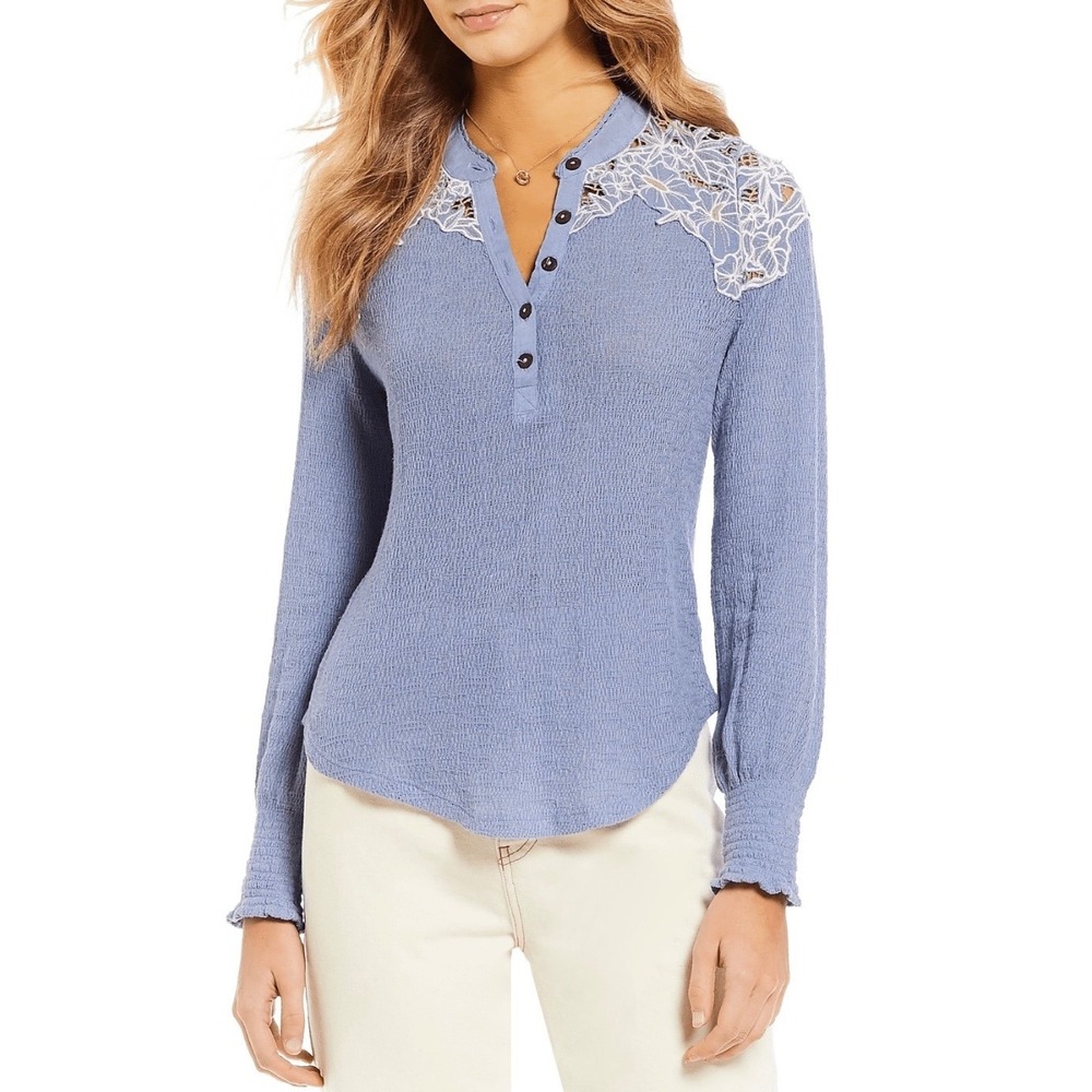 Free People Women Easy Breeze Lace Trim Embroidered Henley Blue Top Long Sleeve